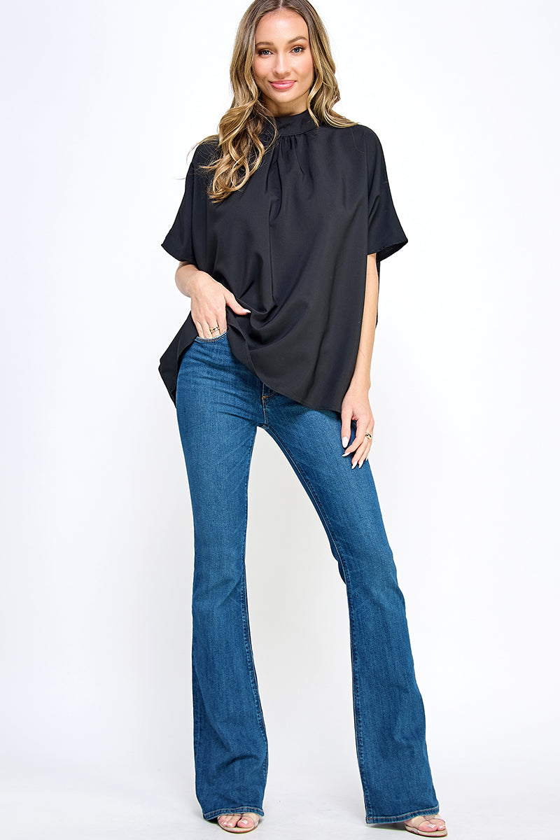 ST0170 BOXY STYLE MOCK NECK WOVEN TOP - BLACK / - Burzip Wholesale