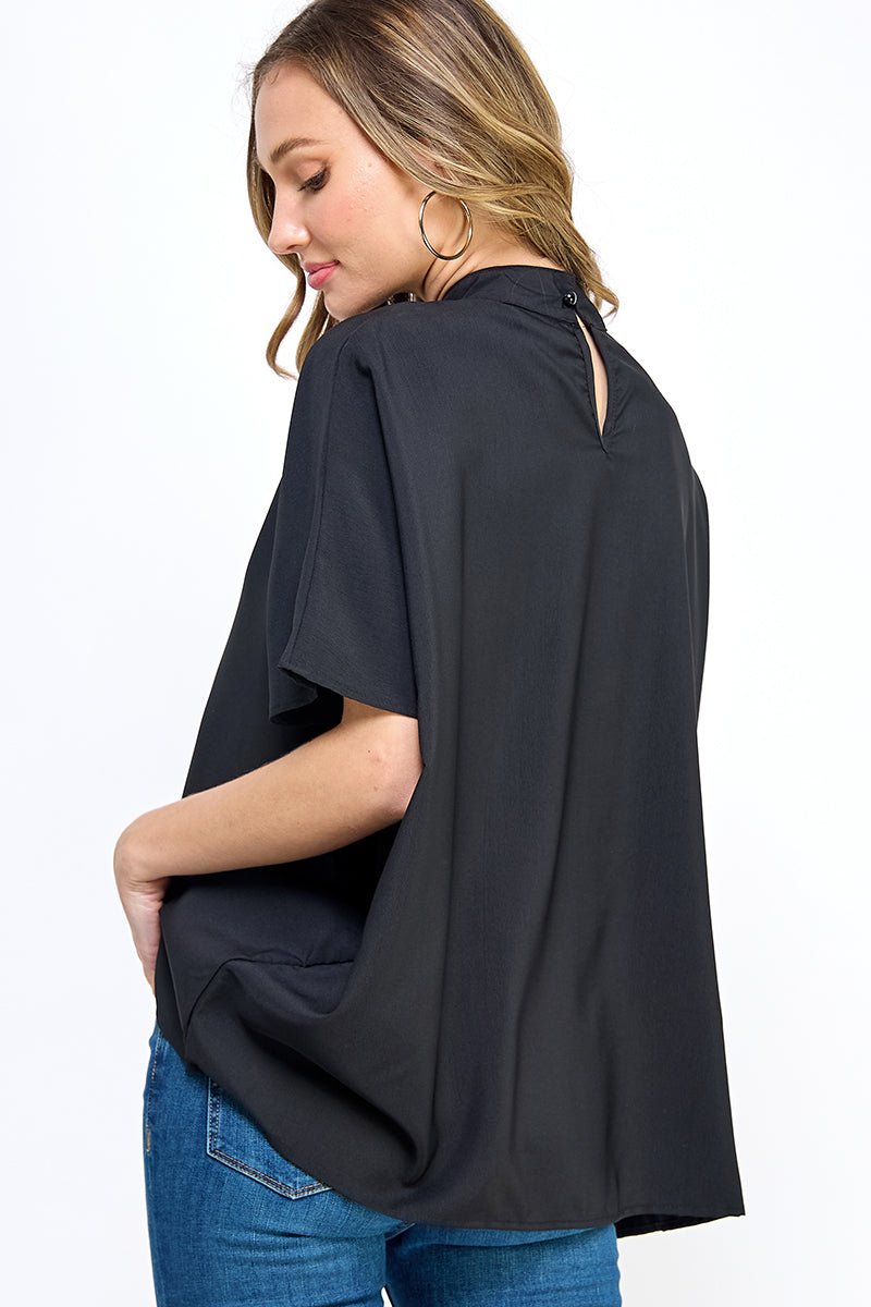 ST0170 BOXY STYLE MOCK NECK WOVEN TOP - GREEN / - Burzip Wholesale