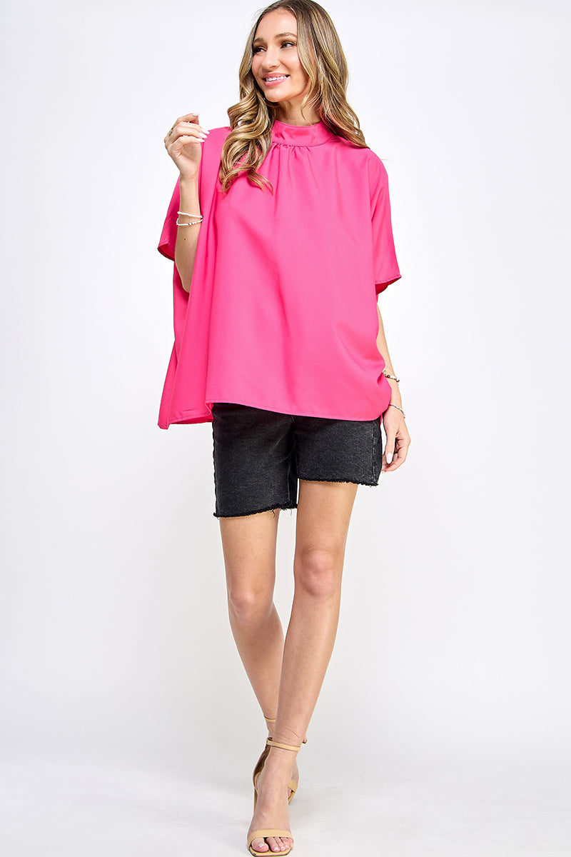 ST0170 BOXY STYLE MOCK NECK WOVEN TOP - BLACK / - Burzip Wholesale