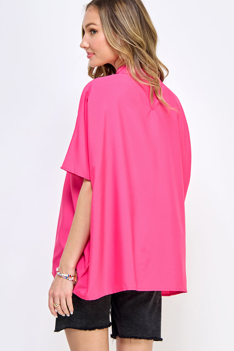 ST0170 BOXY STYLE MOCK NECK WOVEN TOP - /HOT PINK/ - Burzip Wholesale