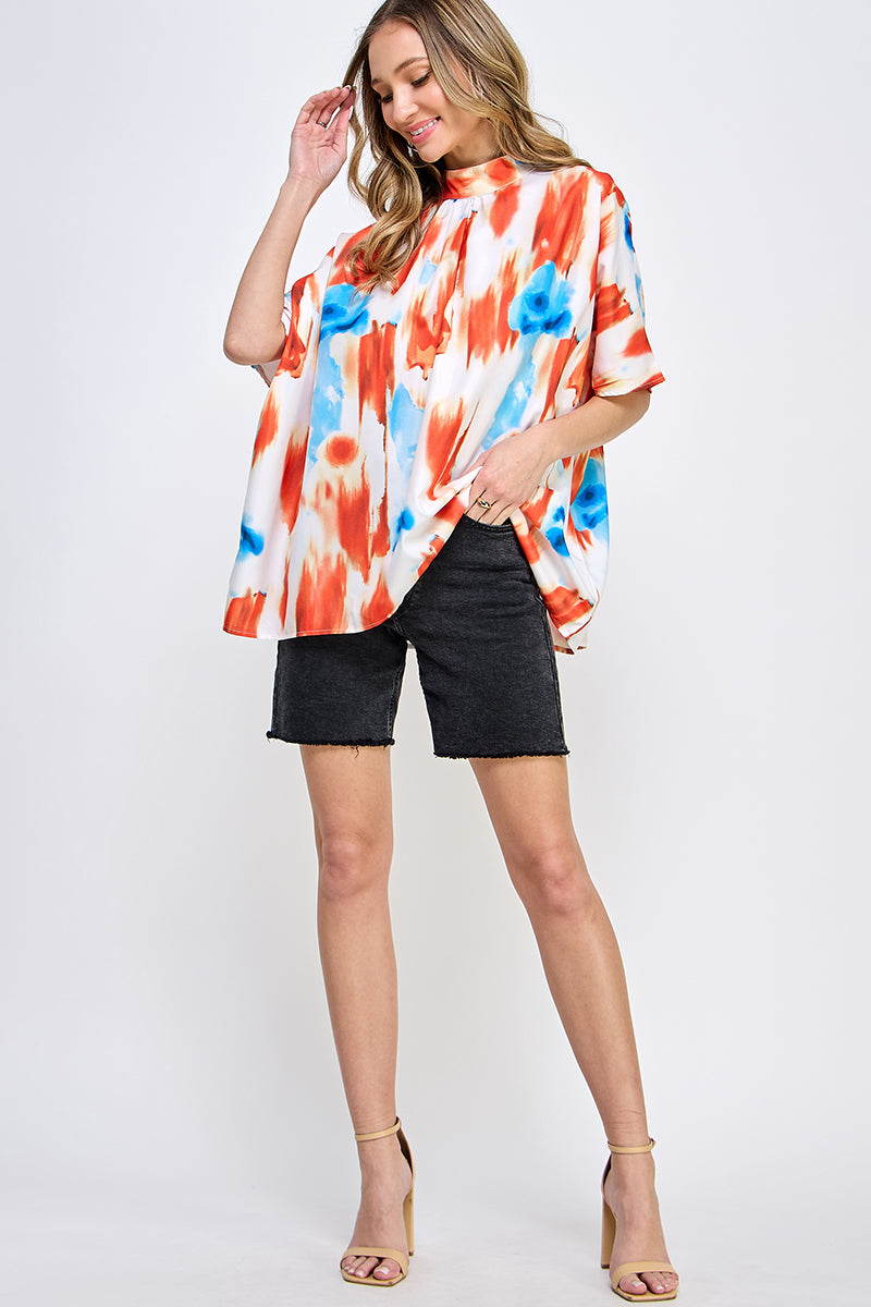 ST0170 BOXY STYLE MOCK NECK WOVEN TOP - /HOT PINK/ - Burzip Wholesale