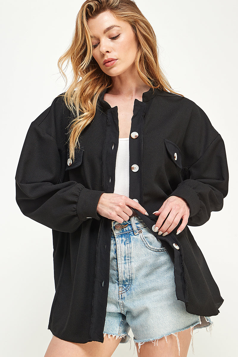 ST0176-LOOSE FIT BUTTON DOWN SHIRT SHACKET - BLK / S - Burzip Wholesale