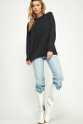 ST0189-1pc-LONG SLEEVE ROUND NECK WITH POCKET SIDE TOPS-$18 (Sample For Display) - BLACK - Burzip Wholesale