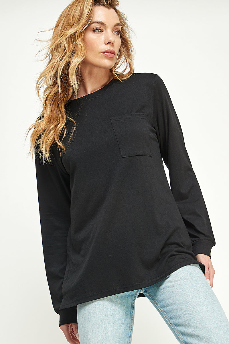 ST0189-1pc-LONG SLEEVE ROUND NECK WITH POCKET SIDE TOPS-$18 (Sample For Display) - DK.GREY - Burzip Wholesale