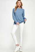 ST0189-1pc-LONG SLEEVE ROUND NECK WITH POCKET SIDE TOPS-$18 (Sample For Display) - BLACK - Burzip Wholesale