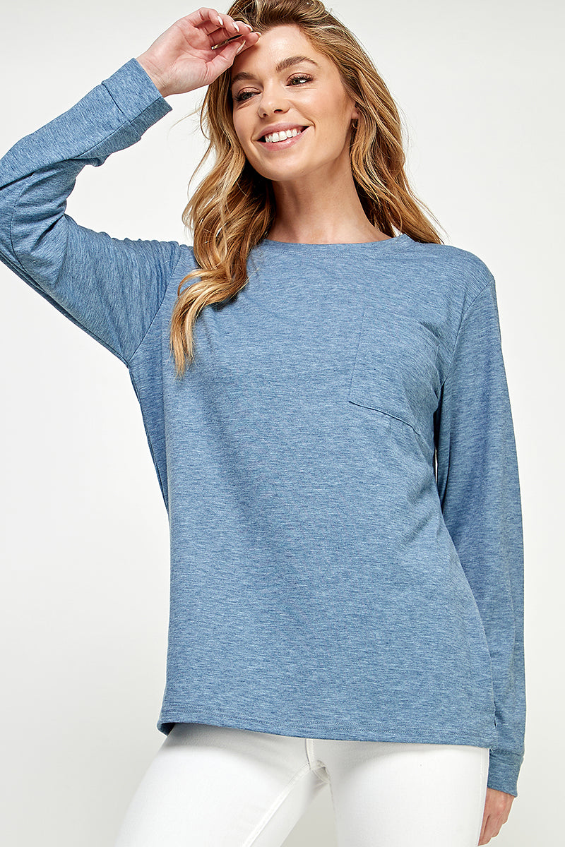 ST0189-1pc-LONG SLEEVE ROUND NECK WITH POCKET SIDE TOPS-$18 (Sample For Display) - SALMON - Burzip Wholesale