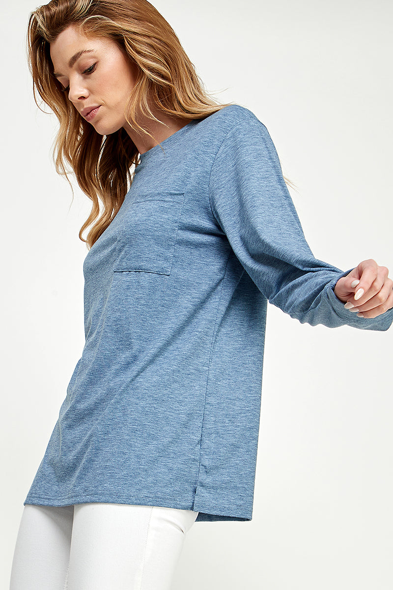 ST0189-1pc-LONG SLEEVE ROUND NECK WITH POCKET SIDE TOPS-$18 (Sample For Display) - SALMON - Burzip Wholesale