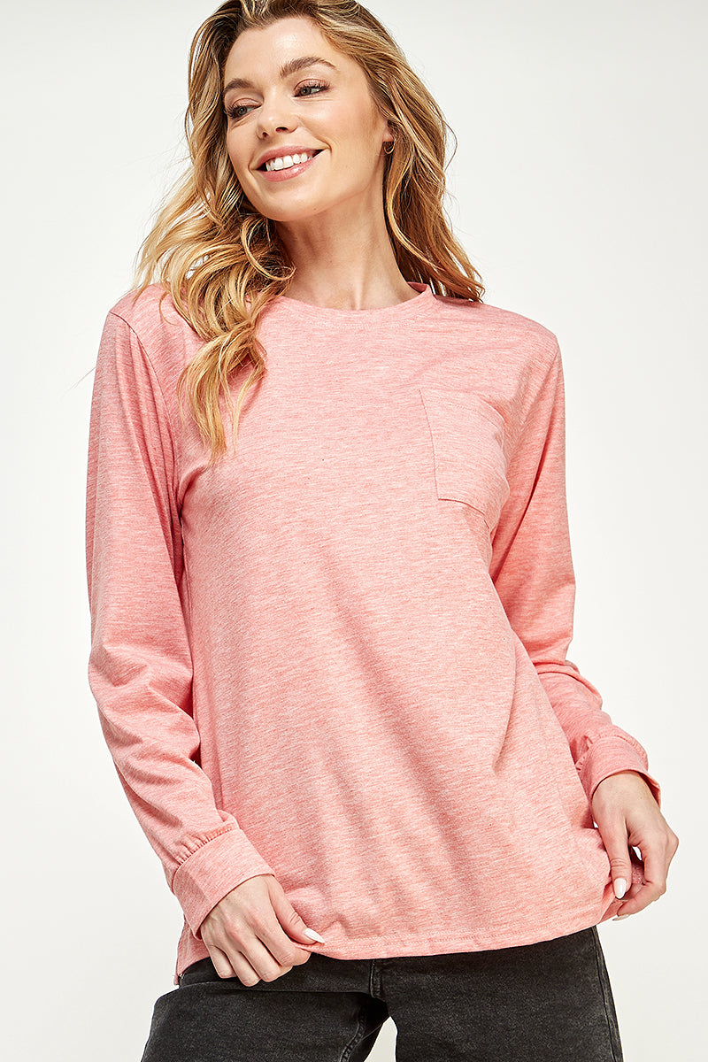 ST0189-1pc-LONG SLEEVE ROUND NECK WITH POCKET SIDE TOPS-$18 (Sample For Display) - selected color - Burzip Wholesale