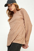 ST0189-1pc-LONG SLEEVE ROUND NECK WITH POCKET SIDE TOPS-$18 (Sample For Display) - selected color - Burzip Wholesale