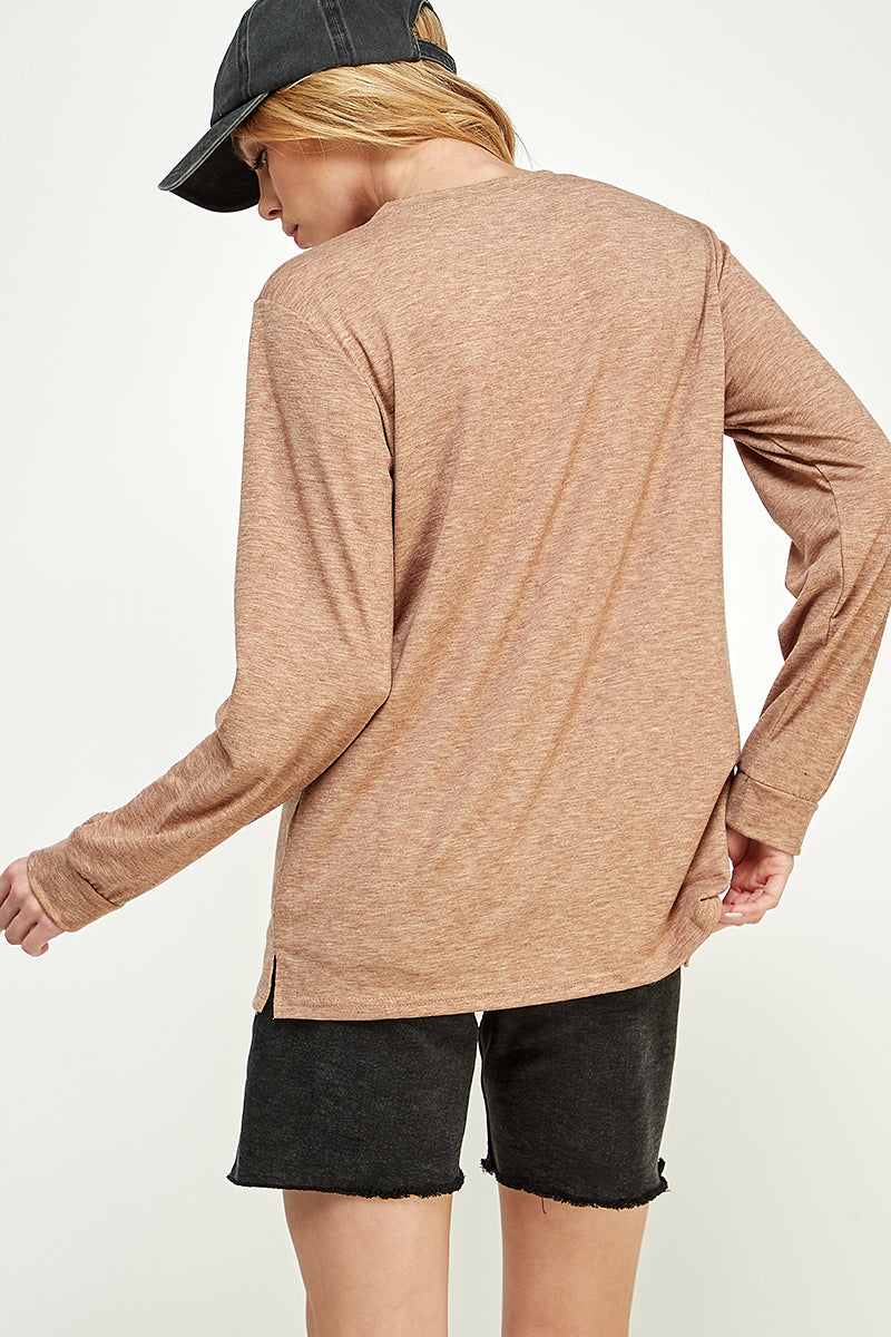 ST0189-1pc-LONG SLEEVE ROUND NECK WITH POCKET SIDE TOPS-$18 (Sample For Display) - selected color - Burzip Wholesale