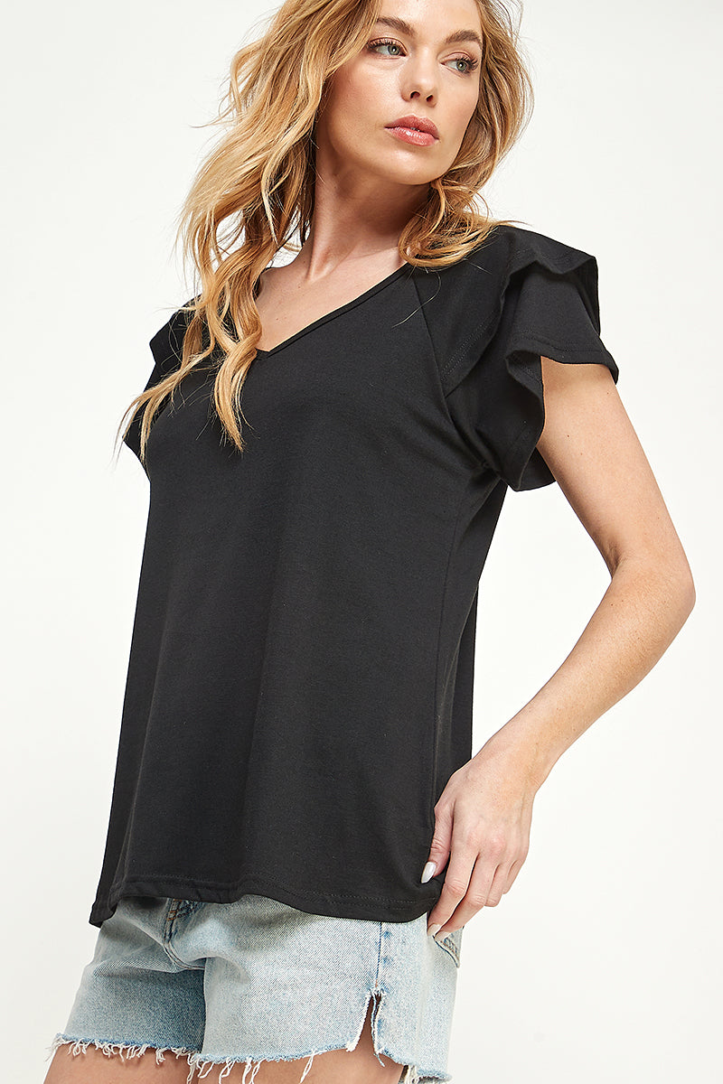 ST0191-KNIT DOUBLE RUFFLED SLEEVE TOP - SALMON/ - Burzip Wholesale