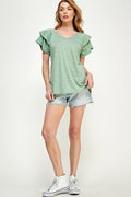 ST0191-KNIT DOUBLE RUFFLED SLEEVE TOP - BLACK/ - Burzip Wholesale