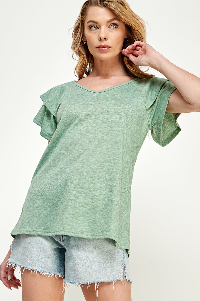 ST0191-KNIT DOUBLE RUFFLED SLEEVE TOP - selected color - Burzip Wholesale