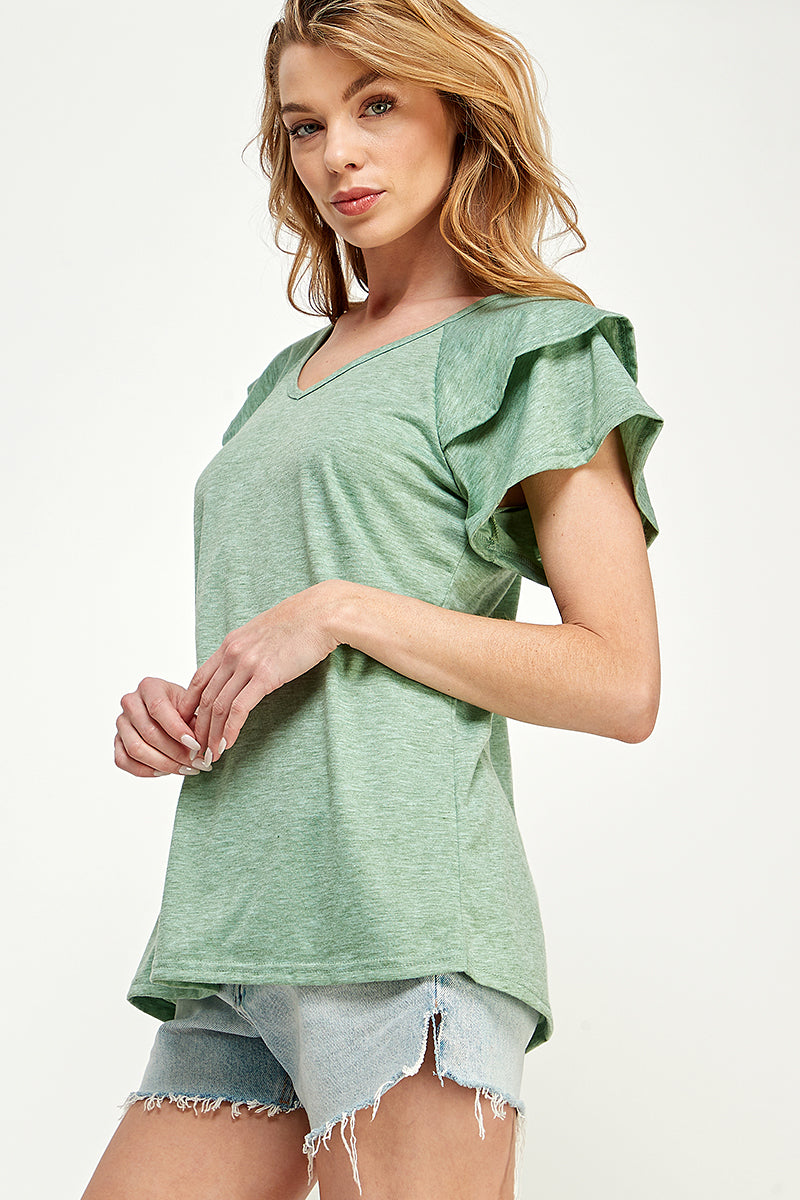 ST0191-KNIT DOUBLE RUFFLED SLEEVE TOP - selected color - Burzip Wholesale
