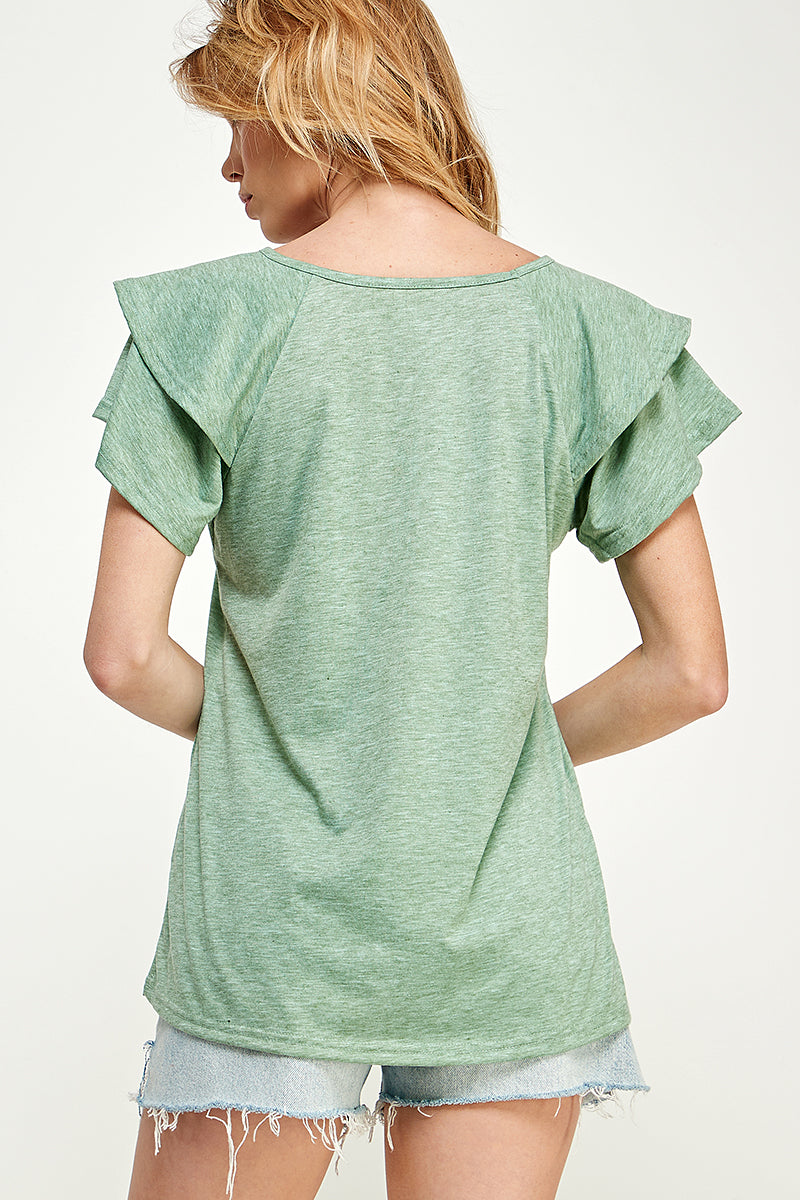 ST0191-KNIT DOUBLE RUFFLED SLEEVE TOP - selected color - Burzip Wholesale