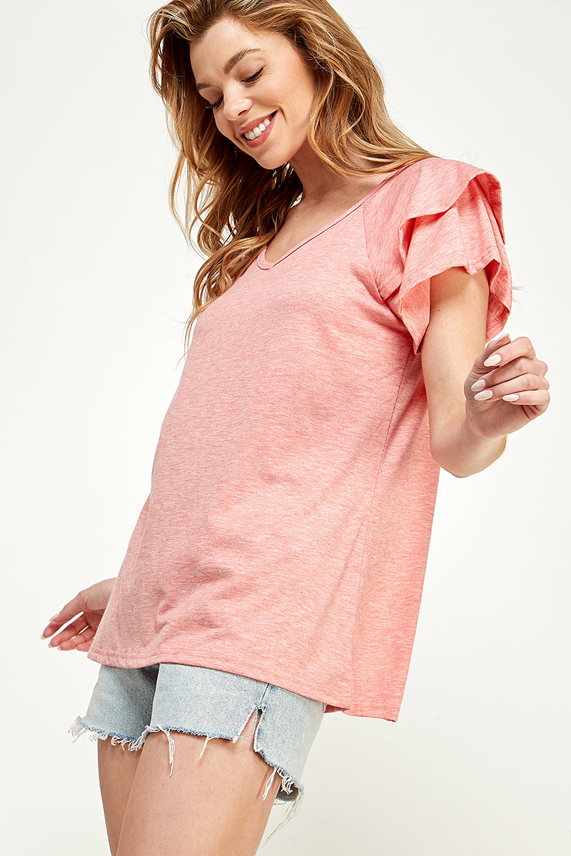 ST0191-KNIT DOUBLE RUFFLED SLEEVE TOP - selected color - Burzip Wholesale