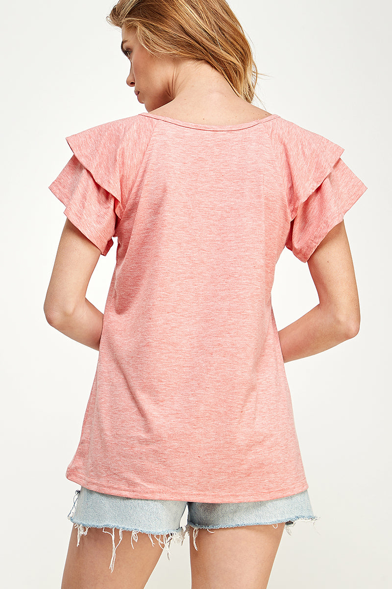 ST0191-KNIT DOUBLE RUFFLED SLEEVE TOP - selected color - Burzip Wholesale