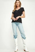 ST0202 (smlxl) Buttons Slim Fit V Neck Knit Top - BLACK - SMALL - Burzip Wholesale