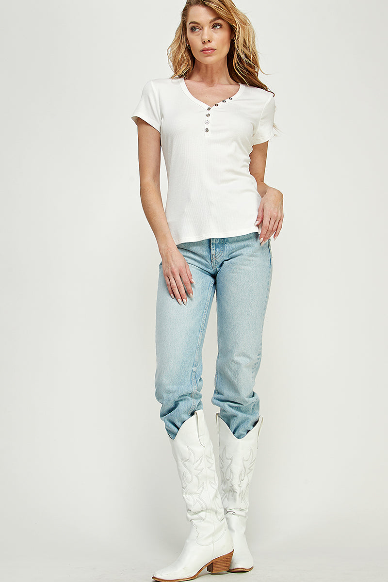 ST0202 (smlxl) Buttons Slim Fit V Neck Knit Top - WHITE - SMALL - Burzip Wholesale