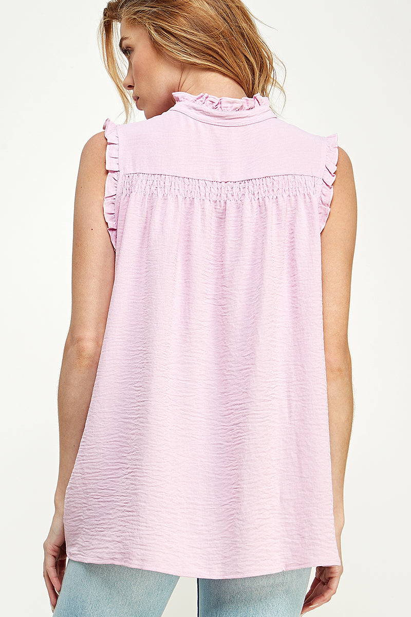 ST0203-1pc-WOVEN SLEEVE LESsS HALF PLACKET W/ BUTTON-$18 (Sample for Display) - OFF WHITE/L - Burzip Wholesale