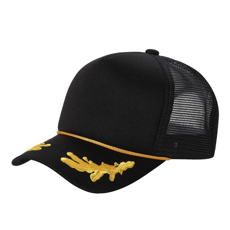 Sponge Foam-DZ-Trucker mesh 5Panel with Captain Embroidery on Bill (WHOLESALE) - CAPTAIN-BLK - Burzip Wholesale
