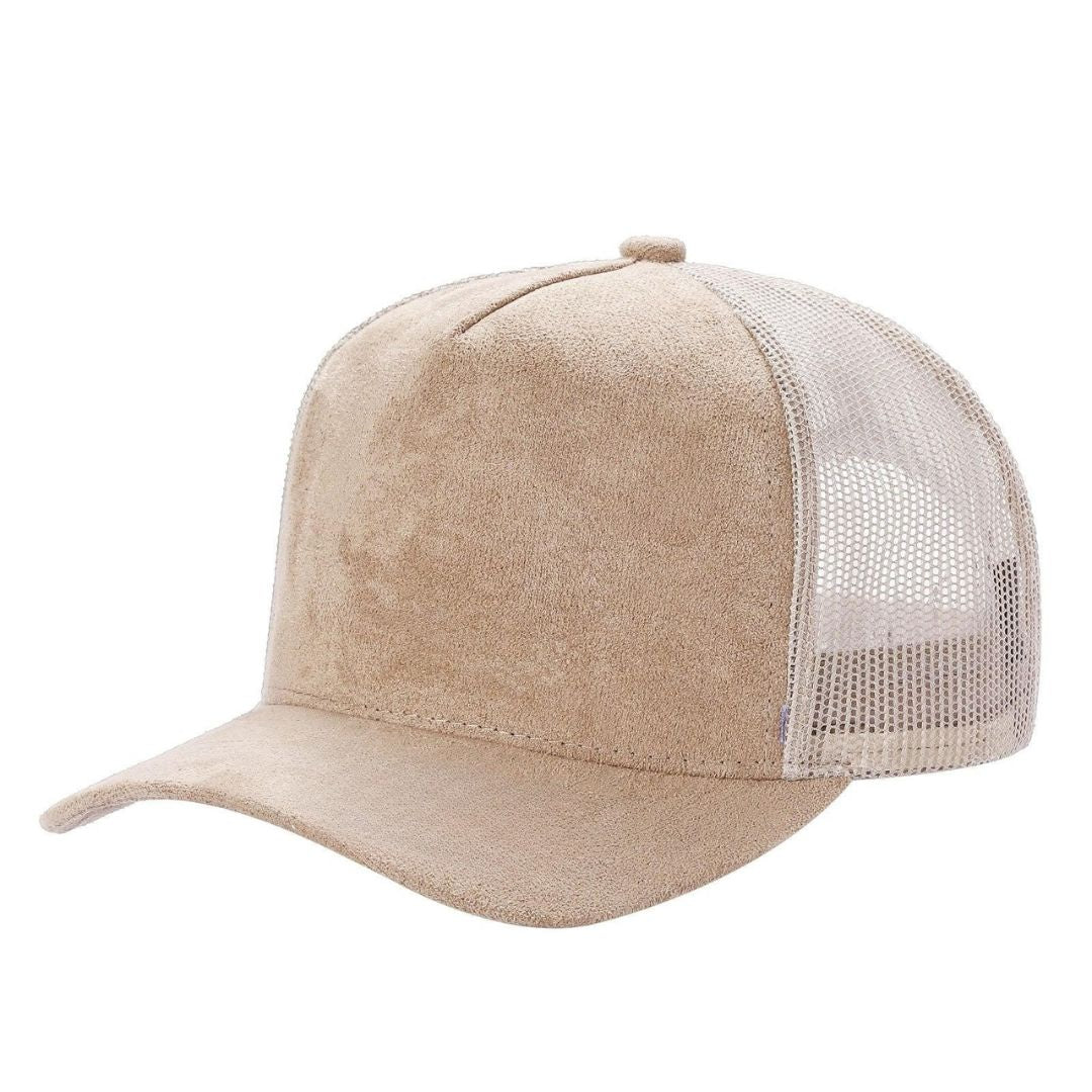 5Panel Suede Front Mesh Back Trucker Cap for Burning Art sum 520 - TAUPE/BLK - FLATBILL - Burzip Wholesale