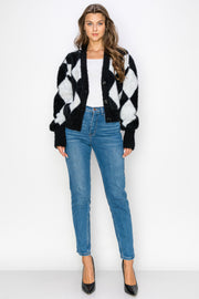 WC0026-BUTTON CARDIGAN SWEATER - BLACK-IVORY / S - Burzip Wholesale