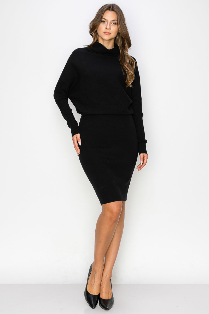 WD0006 LONG SLEEVE DOLMAN MIDI SWEATER DRESS - BLACK/XL - Burzip Wholesale