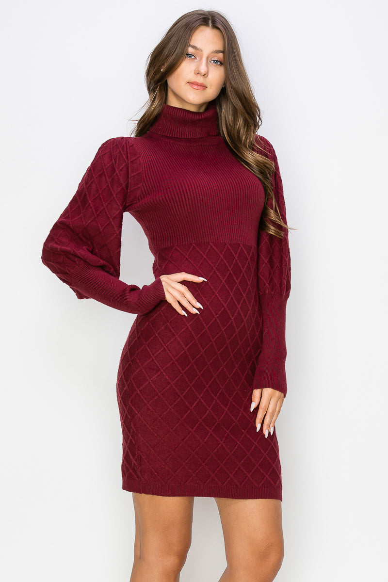 WD0020 Diamond Patterned Turtle Neck Sweater Dress - WINE / 2222=8pcs * $22 - Burzip Wholesale