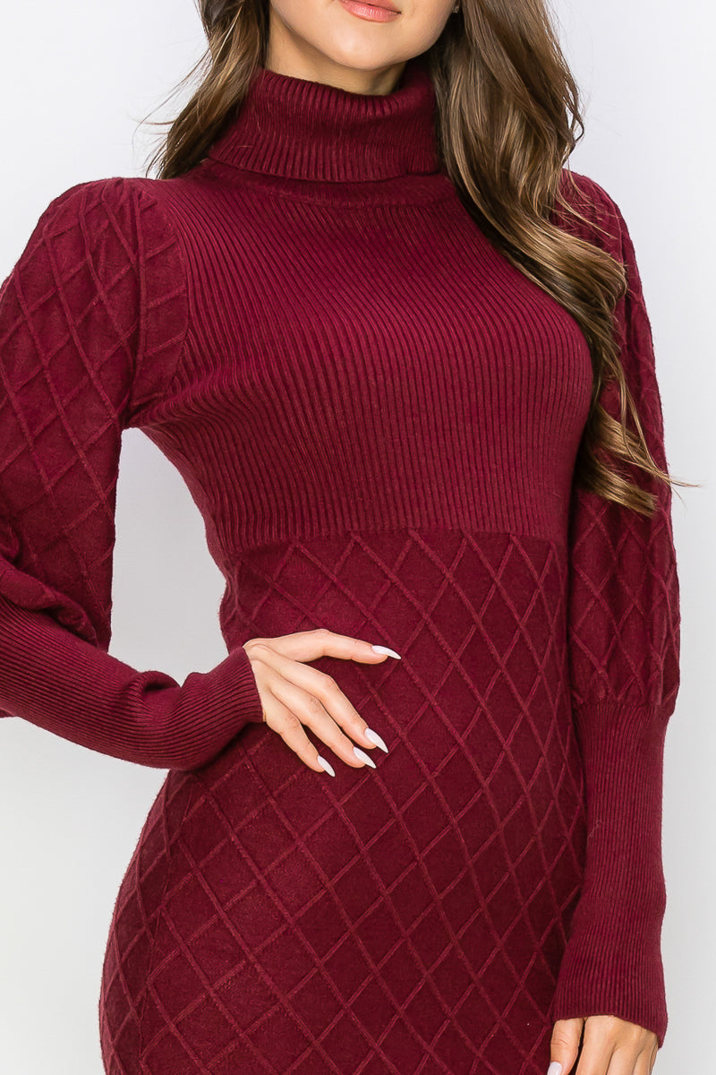WD0020 Diamond Patterned Turtle Neck Sweater Dress - D.GREEN / 2222=8pcs * $22 - Burzip Wholesale