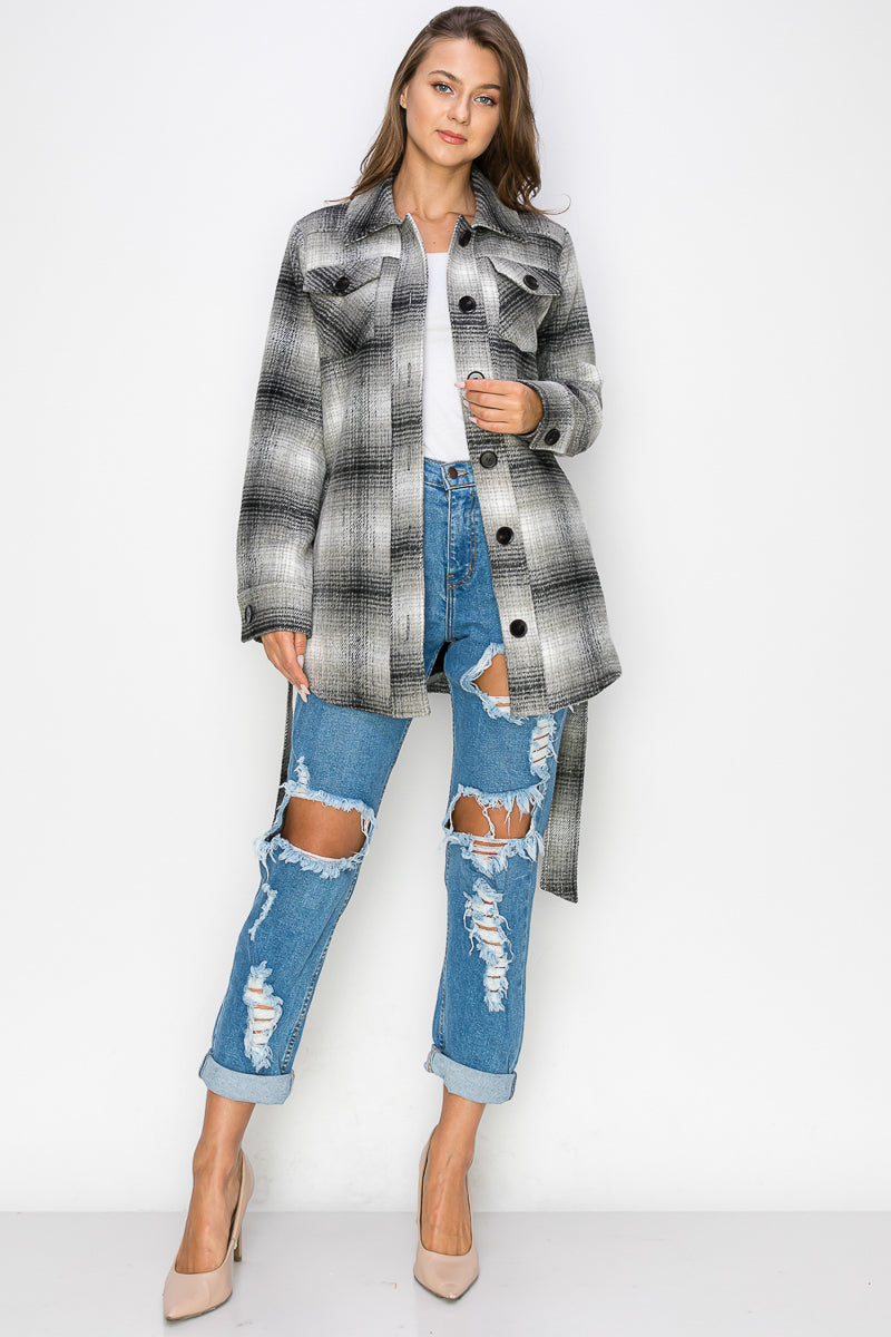 WK0019-PLAID JACKET WITH BELT - BLACK / S - Burzip Wholesale