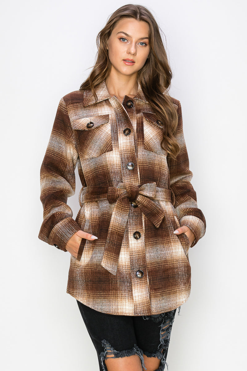 WK0019-PLAID JACKET WITH BELT - BLACK / M - Burzip Wholesale