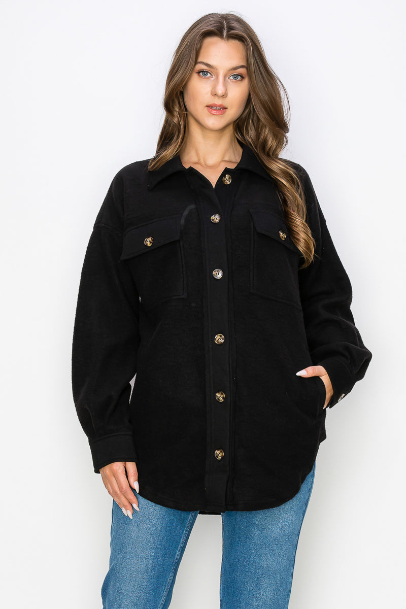 WK0022 Fleece Button Down Oversized Jacket - BLACK / 111=3pcs / $28 - Burzip Wholesale