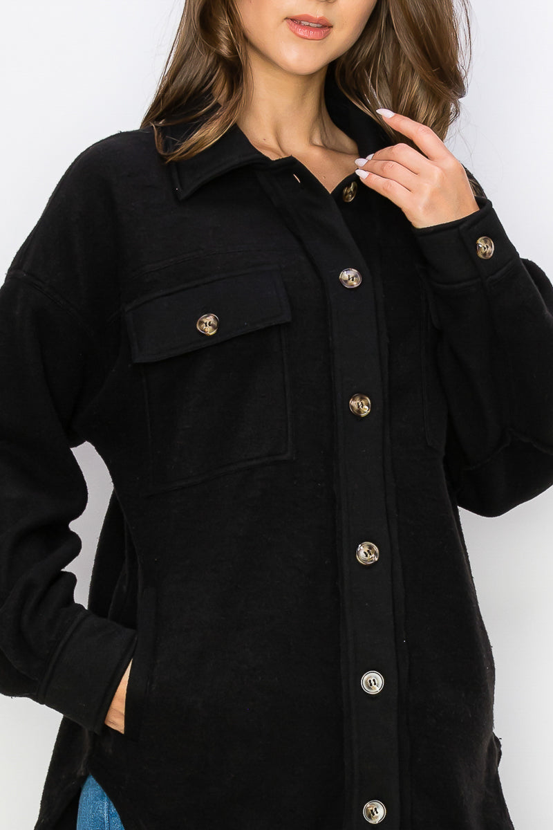 WK0022 Fleece Button Down Oversized Jacket - BLACK / 222=6pcs * $24 - Burzip Wholesale