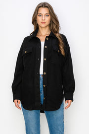 WK0022 Fleece Button Down Oversized Jacket - BLACK / S - Burzip Wholesale