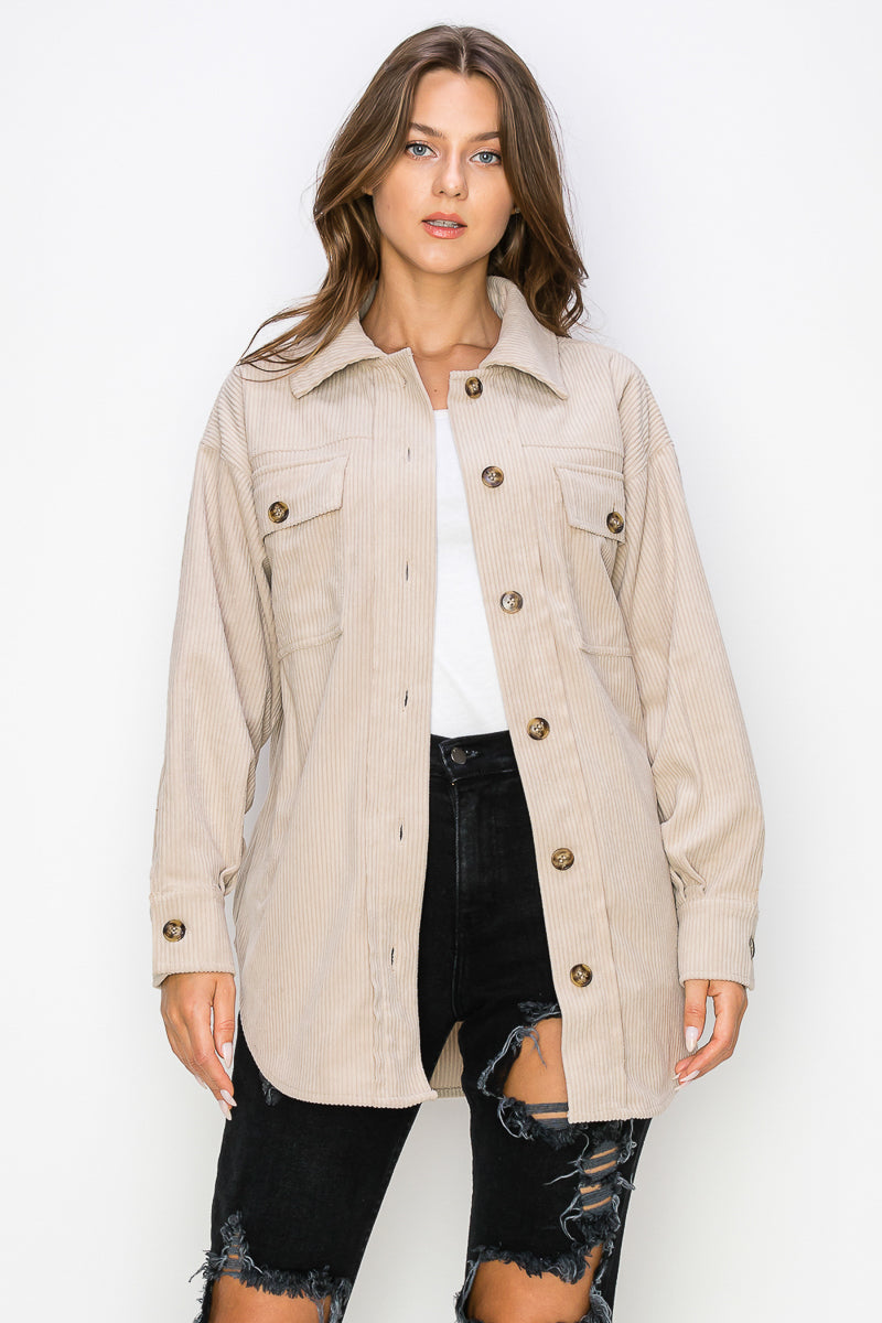 WK0023 Corduroy Button Front Shacket - ECRU / L - Burzip Wholesale