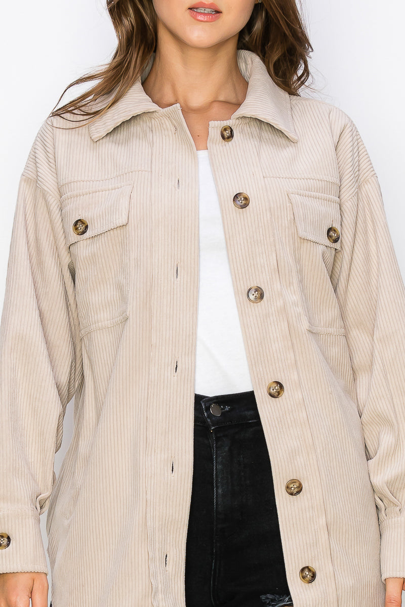 WK0023 Corduroy Button Front Shacket - MAUVE / S - Burzip Wholesale