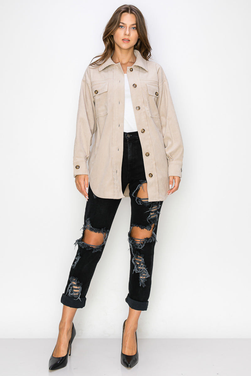 WK0023 Corduroy Button Front Shacket - ECRU / 111=3pcs / $28 - Burzip Wholesale