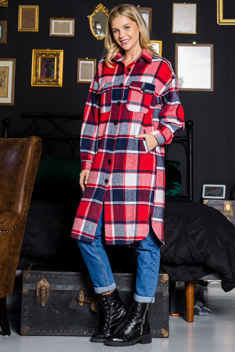 WK0034 Plaid Casual Long Shacket - RED / X - Burzip Wholesale