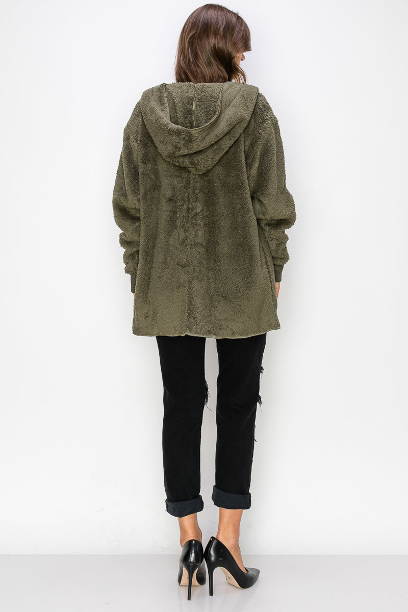 WK0042 Warm and Soft Fur Fabric Hoodie Jacket - D.GREEN / L - Burzip Wholesale