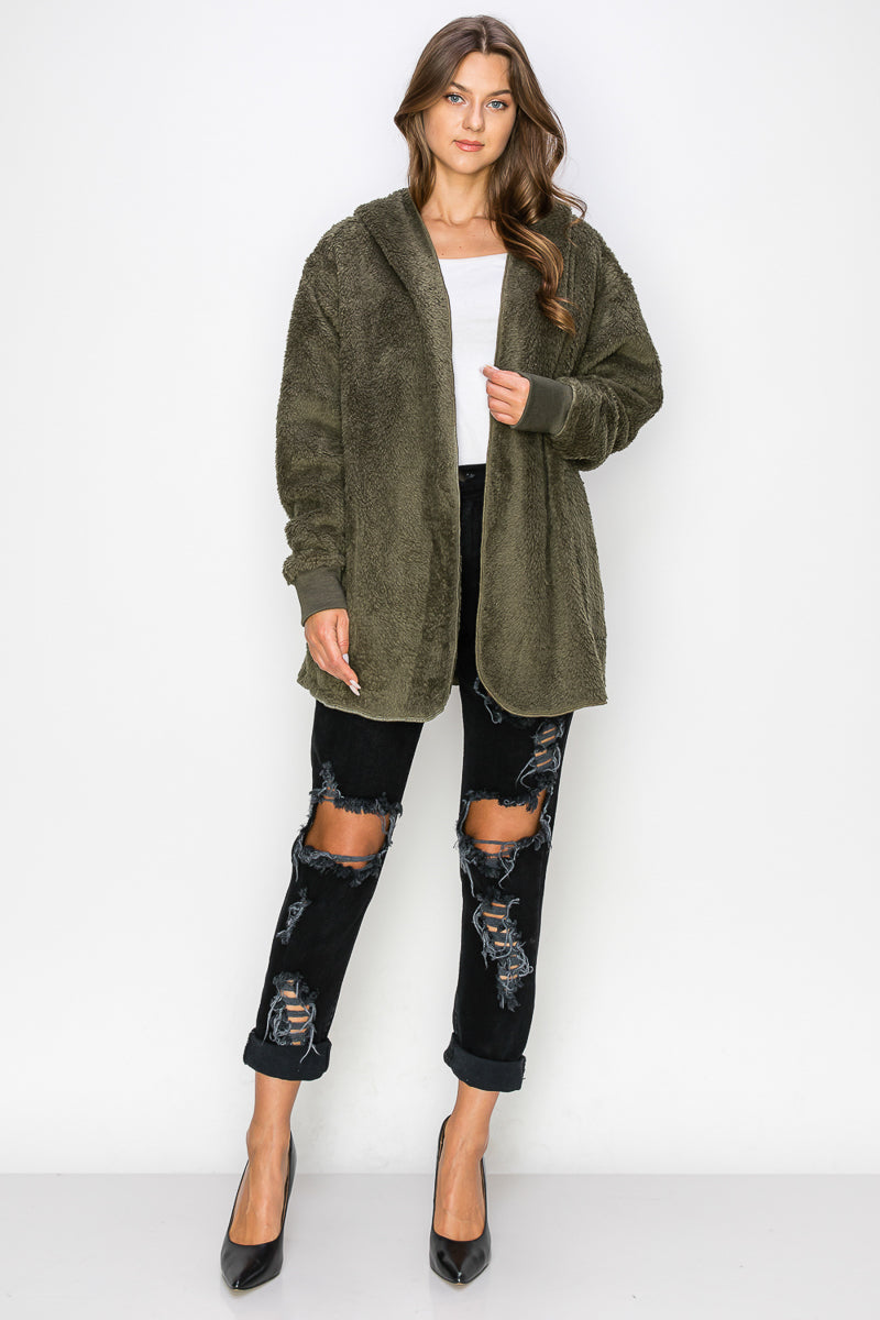 WK0042 Warm and Soft Fur Fabric Hoodie Jacket - SAND / M - Burzip Wholesale