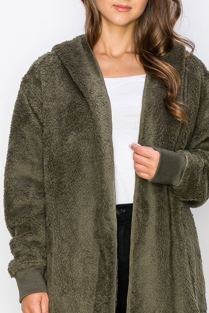 WK0042 Warm and Soft Fur Fabric Hoodie Jacket - D.GREEN / 222=6pcs * $15 - Burzip Wholesale