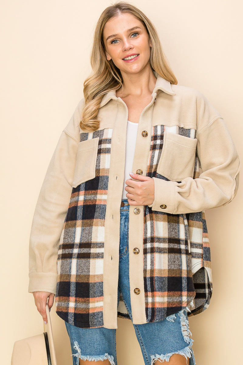 WK0044 Plaid Long Sleeve Shacket - BEIGE / 111=3pcs / $28 - Burzip Wholesale