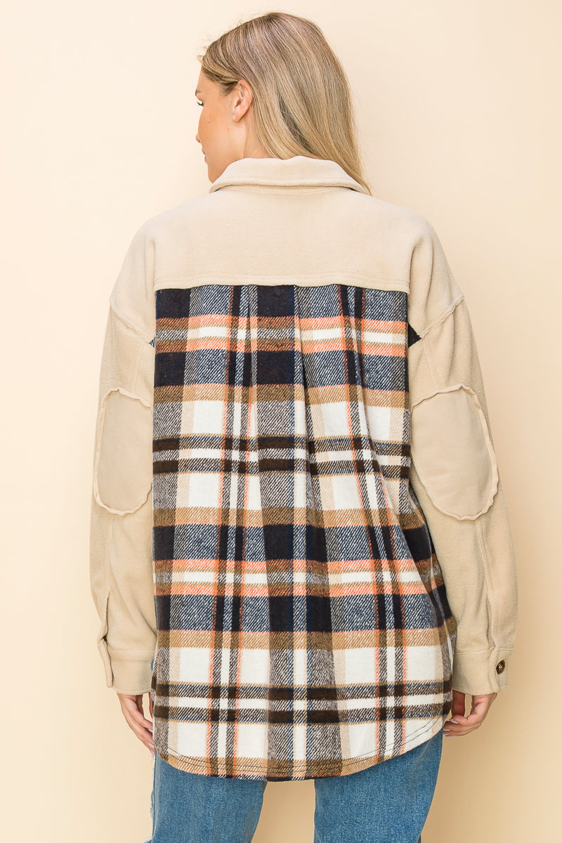 WK0044 Plaid Long Sleeve Shacket - BEIGE / L - Burzip Wholesale