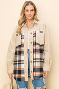 WK0044 Plaid Long Sleeve Shacket - BEIGE / S - Burzip Wholesale
