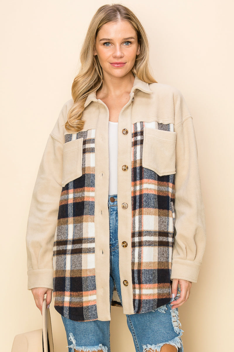 WK0044 Plaid Long Sleeve Shacket - BEIGE / S - Burzip Wholesale