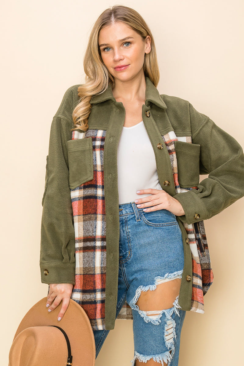 WK0044 Plaid Long Sleeve Shacket - OLIVE / 111=3pcs / $28 - Burzip Wholesale
