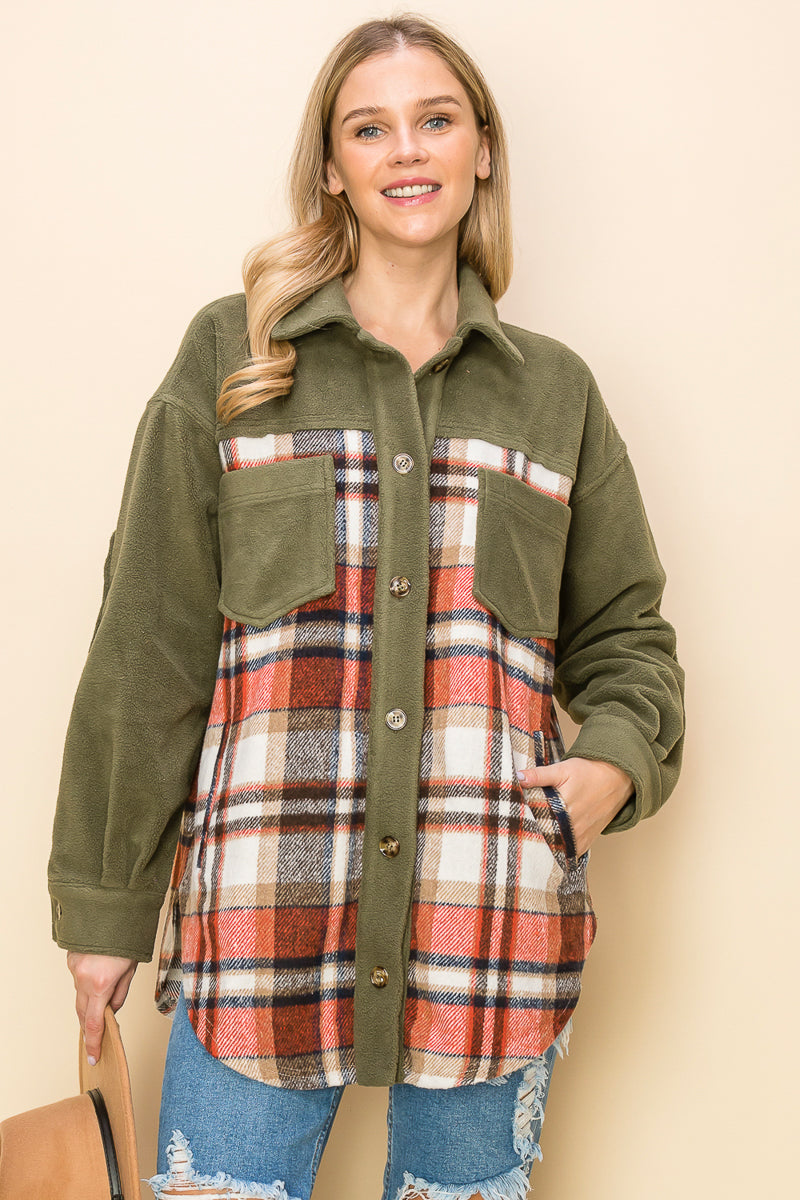 WK0044 Plaid Long Sleeve Shacket - OLIVE / L - Burzip Wholesale