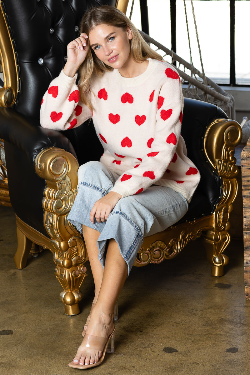 WT0002 ROUND NECK SWEATER - IVORY/RED / L - Burzip Wholesale