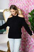 WT0003 COLD SHOULDER SWEATER TOP - BLK / S - Burzip Wholesale